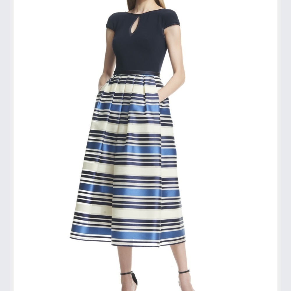 Theia Jacquard Nautical Stripe Midi Dress Blue Cap Sleeve V Back